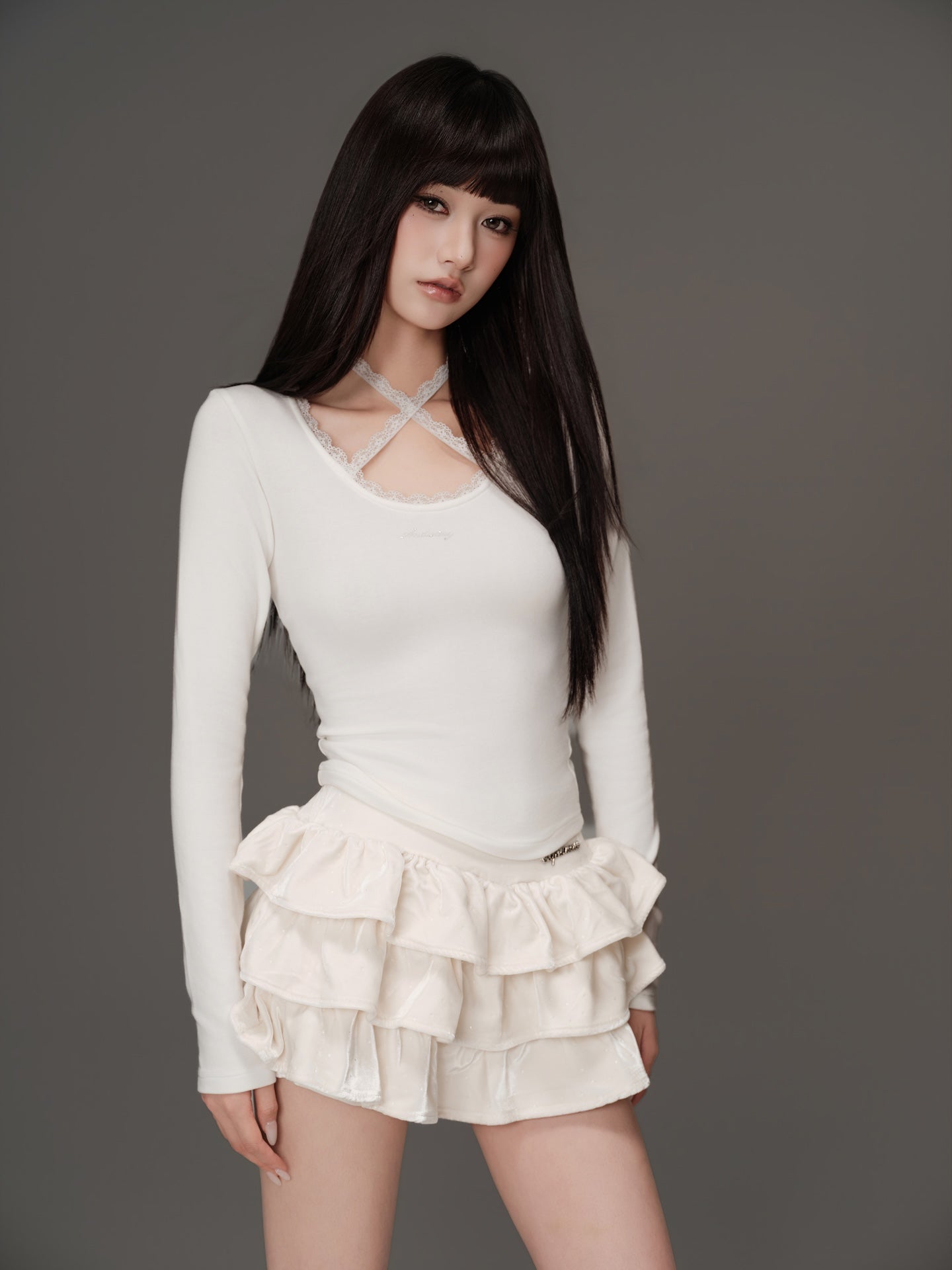 トップス Cross Lace Long Tee andwang Cross Lace Long Tee