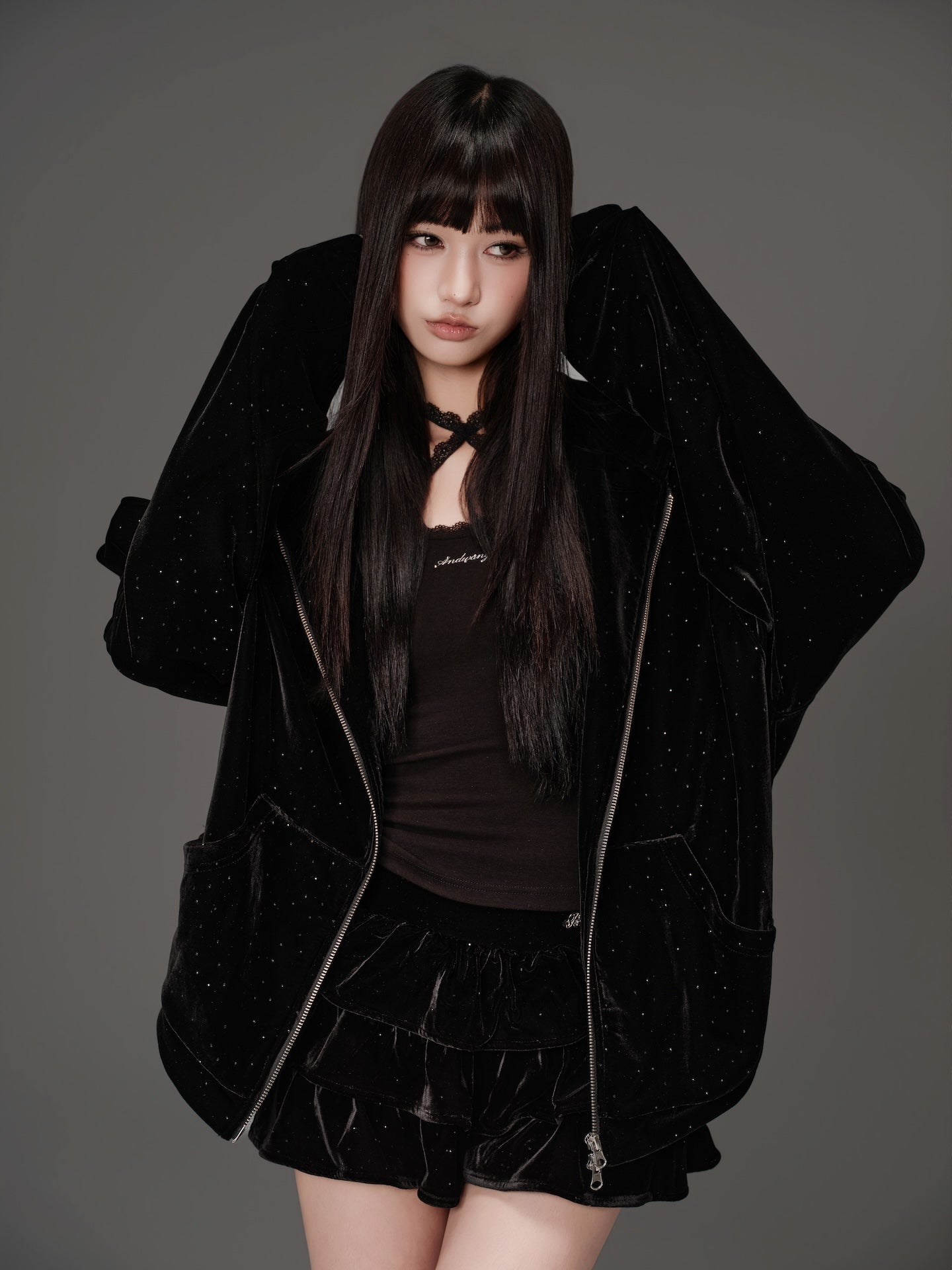 スカート andwang Kirakira frill culotte miniskirt KIRAKIRA suger frill culotte Velour mini skirt